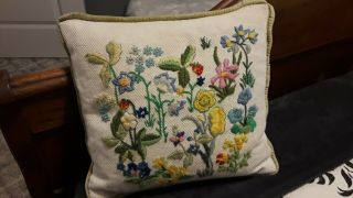 Vintage Embroidery Needle Work 12 " Pillow Flower Plant Design