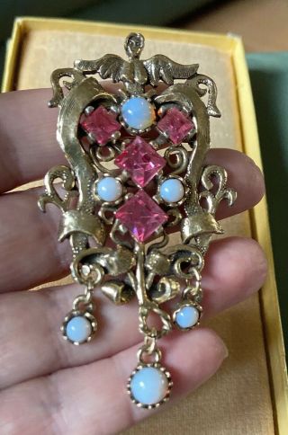 Large Vintage Brooch / Pendant Victorian Style,  Angel,  Crystal & Faux Opal Drop