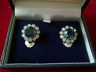 Vintage Jewellery Stunning Silver Sapphire Blue Clear Crystal Clip On Earrings
