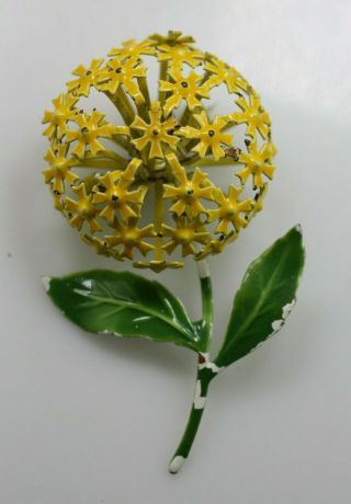 Vintage Yellow Green Enamel Retro Metal Flower Floral Stem Dandilion Brooch Pin