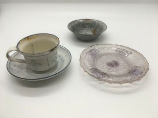 Vintage Miniature Enamel Metal Cup And Saucer,  Gray Bowl And Glass Plate
