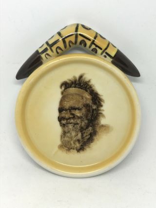 Vintage Souvenir Wall Plate/pin Dish Brownie Downing Aboriginal Man & Boomerang