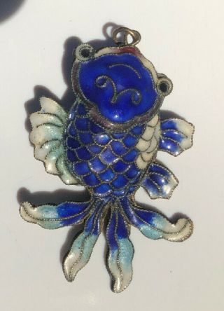 Vintage Chinese Cloisonne Koi Fish Blue / White Enamel Pendant