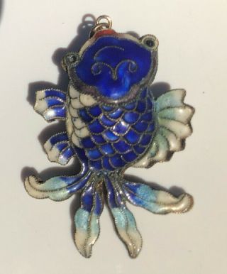 Vintage Chinese cloisonne Koi fish blue / white enamel pendant 2