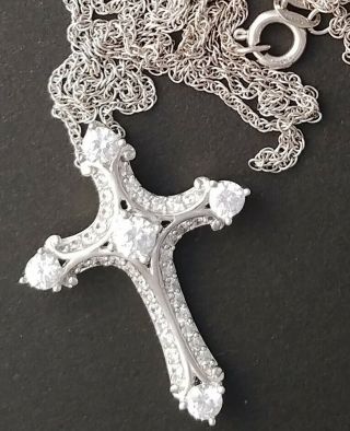 Vintage Sterling Silver Pendant And Chain Signed 925 Cross With Rhinestones