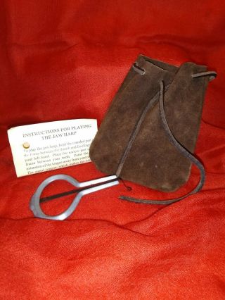 Vintage Jaw Harp Instructions Leather Pouch Metal Harmonic Instrument