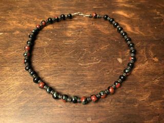 Vintage 25” Onyx And Gold Bead Necklace With Carnelian Flowers