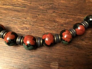 Vintage 25” Onyx And Gold Bead Necklace With Carnelian Flowers 2