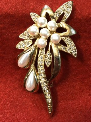 Vintage Lind Rhinestone And Faux Pearl Floral Spray Brooch.  14k Gold Electroplate