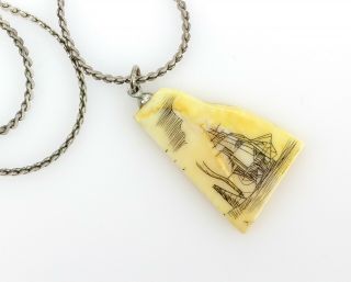 Vintage Scrimshaw Pendant With Clipper Ship On Sterling Necklace Chain