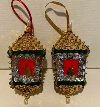 Vintage Handmade Bead & Sequin Christmas Ornaments Green Red Gold Lantern Set