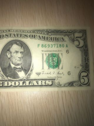 Vintage 1988 $5 Five Dollar Bill Federal Reserve Note Old Currency Circulated 2