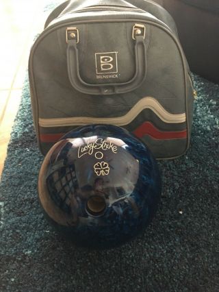 Vintage Lucky Strike Blue Bowling Ball 14lbs & Retro Brunswick Bowling Bag