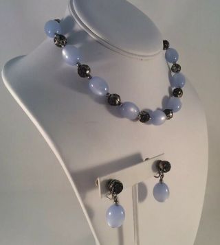 Vintage Blue Lucite Moonstone & Silvertone Cabbage Rose Bead Necklace & Earrings