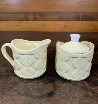 Vintage Mid Century Ceramic Yellow Leaf Sugar Creamer Set