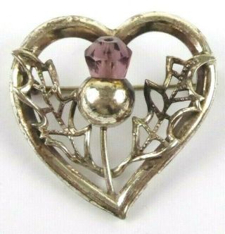 Vintage Scottish 925 Sterling Silver Gem Set Thistle Heart Brooch 5.  3g B22