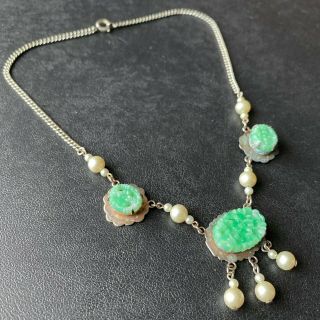 Vintage Art Deco Jade Carved Peking Glass Flower Pearl Dangle Necklace 939