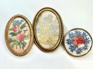 Vintage 40/50s Hand Embroidered Set Of Three Brooches - Spare & Repair Upcycle