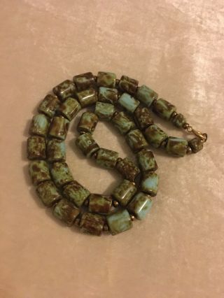 Vintage 50s 60s Deco Murano Agate Glass Turquoise Brown Marbled Bead Necklace
