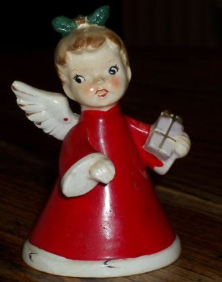 Vintage Ceramic Christmas Bell Angel W/ Present Japan