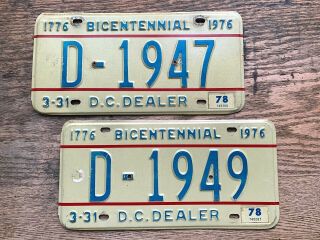 2 Washington Dc Bicentennial Dealer Auto License Plates 1976 - 78