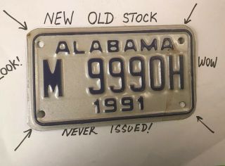 Vintage Alabama Motorcycle License Plate Nos Never Issued 1991 M 999oh