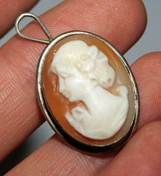 Vintage Art Deco 800 Silver Carved Shell Cameo Brooch Pendant Marked