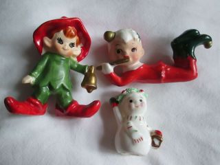 2 Vintage Ceramic Christmas Pixie Elves Figurines And Small Snowman