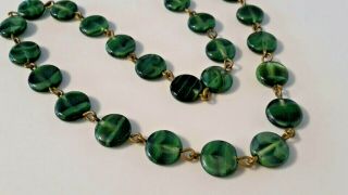 Vintage Pearlescent Green Stripe Flat Coin Czech Glass Beads Choker Necklace N78