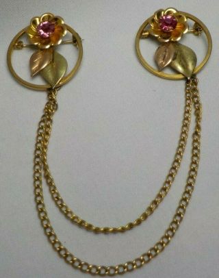 Vtg 12k Gold Filled Brooch Pin 2 Tone W Rhinestones Double Pins W Chain Bal Ron