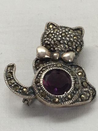 Vintage Sterling Silver Cat Brooch Pin Marcasite Purple Stone
