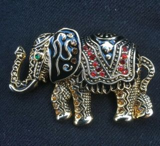 Vintage Jewelry Elephant Brooch Pin Rhinestones Black Enamel Large
