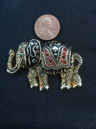 Vintage Jewelry Elephant Brooch Pin Rhinestones Black Enamel Large 3