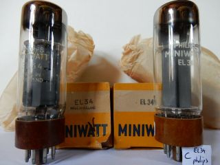 2x El34 Philips Miniwatt Double Dd Nib Mullard Production Old Stock