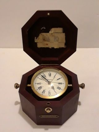 Vintage Bulova Quartz Germany Maritime Clock & Alarm In Wooden Box Alliedsignal