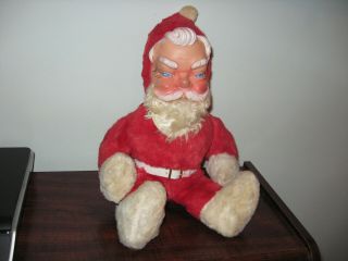 Vintage Stuffed Sitting Cloth / Rubber Face Santa Claus W/ Wind Up Music Box