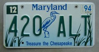 1994 Maryland License Plate (420 Alt) " Treasure The Chesapeake " (blue Heron)