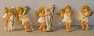 Vintage Hard Plastic Angels With Musical Instruments Ornaments