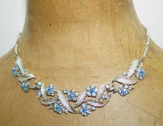 Vintage Signed Coro Blue Rhinestone Flower Silver Tone Choker Necklace 16 "