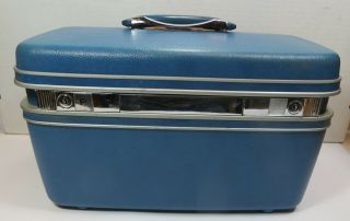 Vintage Samsonite Silhouette Blue Train Case Hard Luggage Vanity Tray