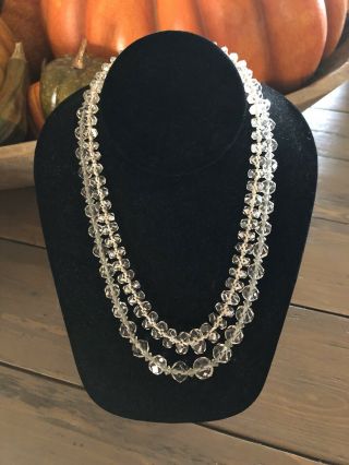 2 Vintage Faceted Clear Crystal Cut Glass Bead Necklaces