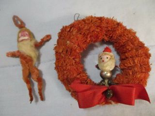 Mid - Century Vintage Chenille Santa Star And Red Straw Wreath Ornament