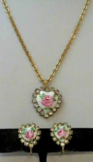 Vintage Rhinestone Guilloche Flower 1/2 " Screw Earring 18 " Necklace Set 2717d