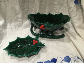 Vintage Lefton Christmas Holly & Berries Ceramic Sleigh And Small Plate