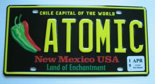 Award Winning Chile Capital Vanity License Plate " Atomic " Los Alamos A Bomb Nm