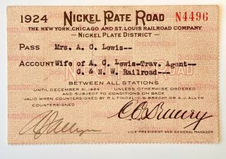 1924 Nickel Plate / Ny,  Chicago And St.  Louis Railroad Annual Pass A C Lewis