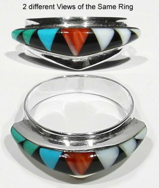 Big Vintage Signed Zuni 925 Silver Turquoise Coral Jet Mop Raised Inlay Ring 7