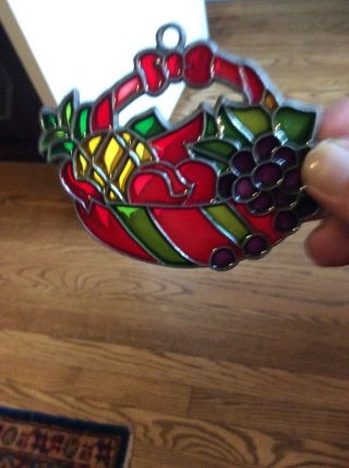 Vintage Stained Glass Suncatcher Christmas Or Year Round Fruit Basket 3.  5” X 3”