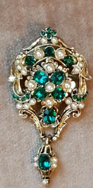 Vintage Ornate Brooch With Faux Pearls And Green Paste Stones.  Boxed