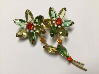Vintage Juliana D&e Green & Yellow Rhinestone Flower Pin Brooch Costume Jewelry